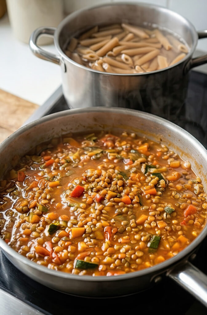 tap 3: Voeg de tomaten, linzen, water en oregano toe en laat 20 min zacht koken